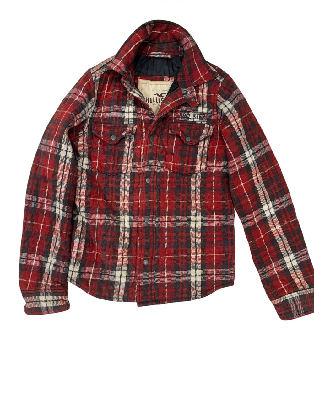 Hollister Carlsbad Plaid Quilted Jacket Men’s Medium Red Black Snap Front